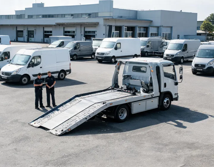 Flatbed tow truck operating at a commercial fleet depot