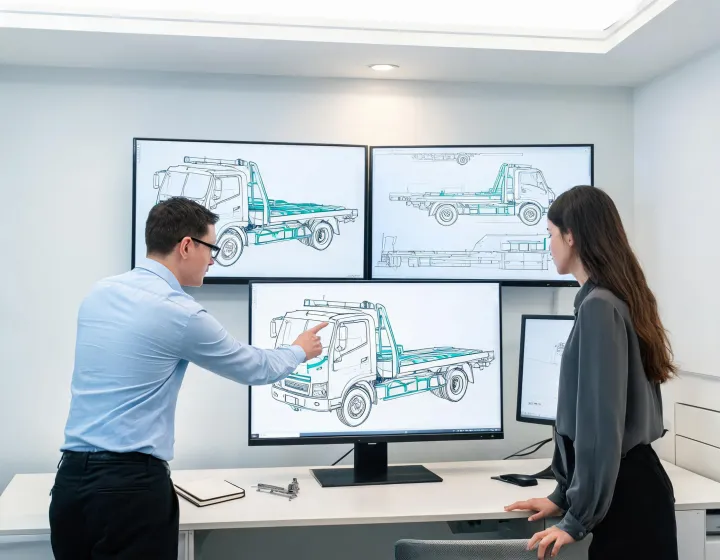 Fleet procurement engineers reviewing flatbed tow truck specifications